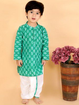 The Mom Store Boys Green Ethnic Motifs Printed Empire Pure Cotton Kurta with Dhoti Pants