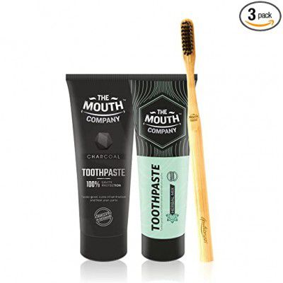 The Mouth Company Herbal Mix Toothpaste and Charcoal Toothpaste Combo with Round Handled Bamboo Toothbrush