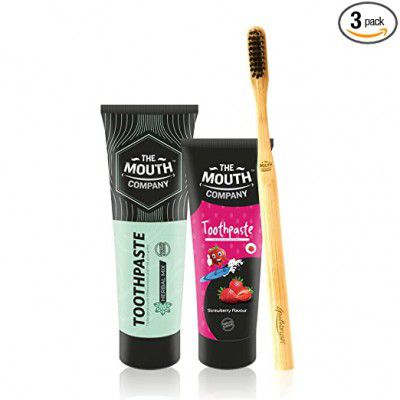The Mouth Company Herbal Mix Toothpaste and Strawberry Toothpaste Combo with Round Handled Bamboo Toothbrush