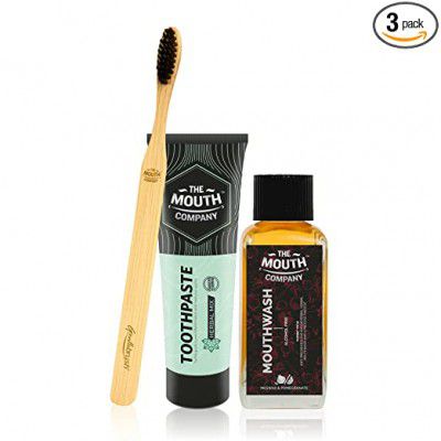 The Mouth Company Meswak-Pomegranate Mouthwash Combo with Herbal Mix Toothpaste and Flat Handle Bamboo Brush
