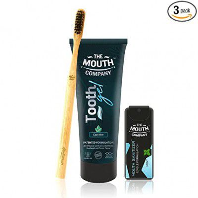 The Mouth Company Refreshing Cool Mint Toothgel and Mouth Sanitizer Combo with Round Handled Bamboo Toothbrush