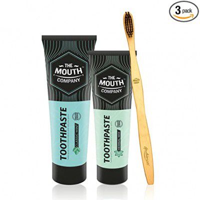 The Mouth Company Refreshing Mint Toothpaste and Classic Herbal Mix Toothpaste Combo with S-Curve Handled Bamboo Toothbrush