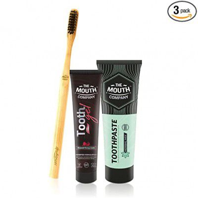The Mouth Company Soothing Meswak-Pomegranate Toothgel and Herbal Mix Toothpaste Combo with a Round Handled Bamboo Brush