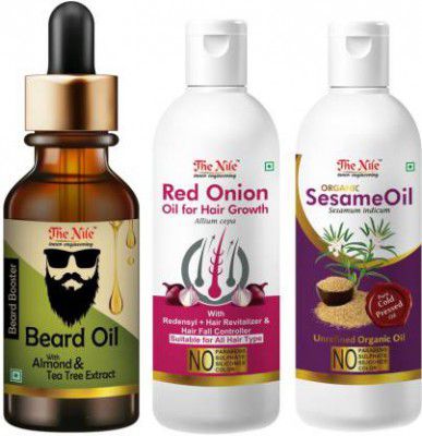 The Nile Beard Oil with Almond and Tea Tree Extract Beard Booster 30 ML + Red Onion Oil with Redensyl + Hair Revitalizer, Hair Regrowth & Hair Fall Control 150 ML + 100 % Pure and Natural Organic 