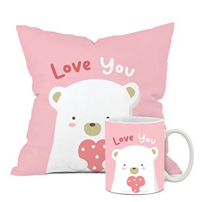 The Purple Tree Polyester Valentines Day Gift Set of Cushion And Mug 