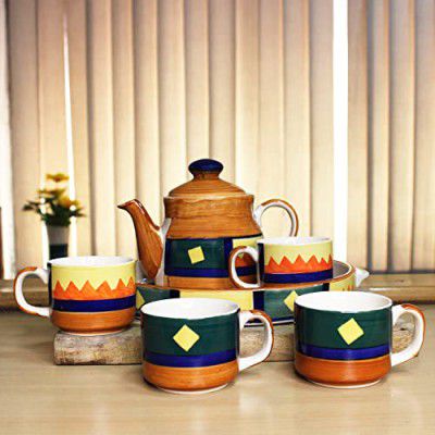 THEARTISANEMPORIUM Boho Fiesta Tea Set with Kettle, Hand Painted Ceramic Tea Kettle Set with 4 Cups(150ml), 1 Kettle(700ml), 1 Tray (6 Pieces, Multicolor, Microwave Safe)