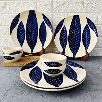 THEARTISANEMPORIUM Patram Hand-Painted Ceramic Dinner Set of 4 Dinner Plates and 4 Katori Bowls Dinnerware Set (8 Pieces, Serving for 4, Microwave Safe, White & Blue)