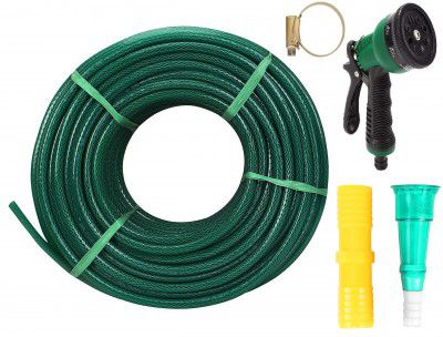 TheFitLife 1/2 (0.5 INCH) 12mm High Presure Heavy Duty Green Braided Water Pvc Hose Pipe Easy to Connect, Garden,Car Wash, Floor Clean, Pet Bath & Park with Spray Gun 50 FEET (15 METERS)