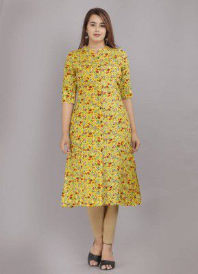 TheLabel Mamta  Women Floral Print Cotton Rayon Flared Kurta  (Yellow)