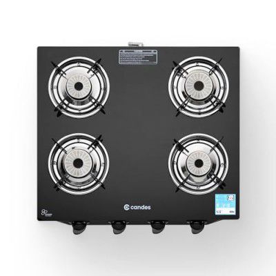 Thermador 4-Burner Gas Stove with Die Cast Alloy Manual Ignition Tornado Burner 6mm Toughened Glass Top LPG Compatible ISI Certified Nylon Knob Black 1 Year Warranty
