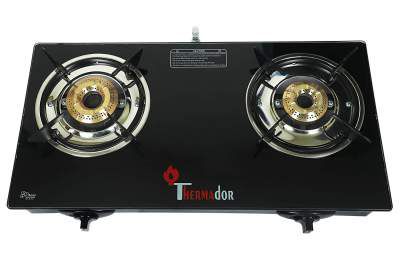 Thermador 8mm Toughened ISI Certified 2 Brass Burner Glass Top Gas Stove (LPG Use Only, Auto Ignition, Black)