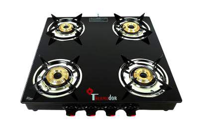 Thermador ISI Certified 8mm Toughened Glass Top 4 Brass Burner Manual Ignition Open Gas Stove, LPG Use Only (Black)