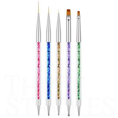 THR3E STROKES Double-Ended Acrylic Nail Brushes, 5pcs Set Including 7/9/11mm Liner Brush, Flat Brushes and Dotting Tools (NBS2)