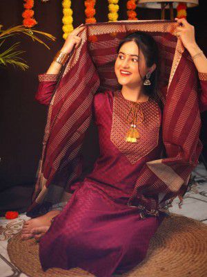 Tibra Attire Women Cotton Blend Kurti Pant Dupatta Set