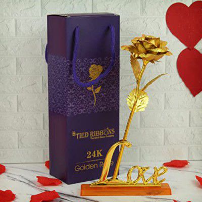 TIED RIBBONS 24k Gold Plated Artificial Rose Flower with Love Stand and Box - Valentine Gift for Girlfriend Boyfriend Girls Boys Husband Wife Love Couple