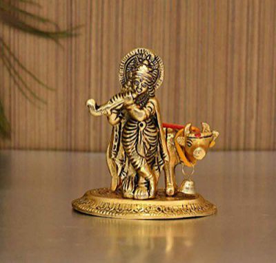 TIED RIBBONS Brass Lord Krishna Idol Murti with Kamdhenu Cow Statue (Small, 9 cm x 7 cm) Decorative Showpiece for Pooja Room Showcase Table Home Decoration House Warming Gift Items