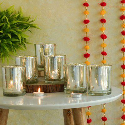 TIED RIBBONS Pack of 6 Votive Glass Tealight Candle Holders Glass Votives (Big, Silver) - Decorations Items for Home Decor Dining Table Gifts - Decorations Items for Home Office Gifts