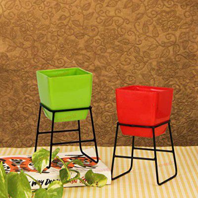 TIED RIBBONS Tabletop Planter Pot with Stand (Plastic Pots with Metal Stand, Pack of 2)