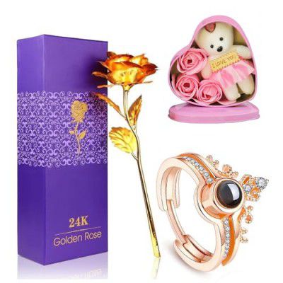 TIED RIBBONS Valentine Gift for Girlfriend Wife Girls - 24K Gold Rose and Pink Heart Box and Card Combo Birthday Wedding Proposal Romantic Gifts