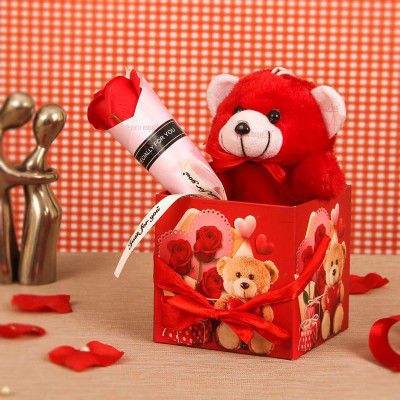 TIED RIBBONS Valentine Gift Hamper for Couple Wife Girlfriend Girls - Romantic Gift Pack (Teddy, Scented Rose Flower and Gift Box)