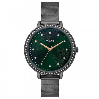 TIMEX Analog Watch for Women with Green Round Dial & Gunmetal Stainless Steel Bracelet Band Water Resistant Women's Wrist Watches - TWEL14704