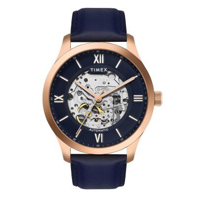 TIMEX Automatic Watch with Blue Round Dial & Blue Leather Strap Band Water Resistant Men's Wrist Watches