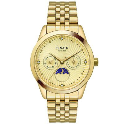 Timex Moon Phase Multifunction Analog Champagne Dial Womens Watch-TWEL13104