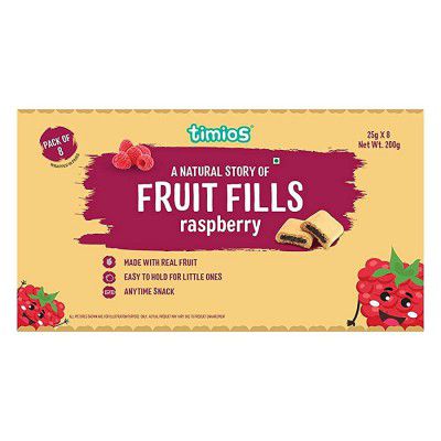 Timios Fruit Fills Soft Baked Fruit Bars- Raspberry | Made with Real Fruits and Organic Whole Grains | Pack of 8 | 200g