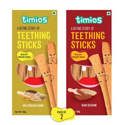 Timios Multigrain Teething Sticks|Organic Snack|Dissolves Easily|Ragi Sesame|Multigrain Cumin|Pack of 2|150g