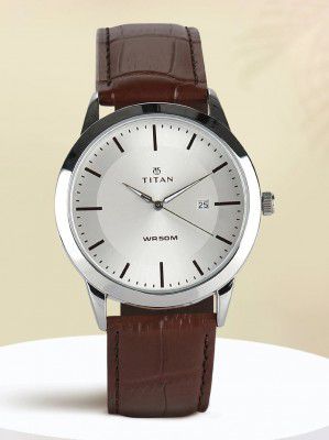 Titan ClaStainless Steelic with Date Silver Dial Brown LeatherStrap Analog Watch  - For Men NT1584SL03