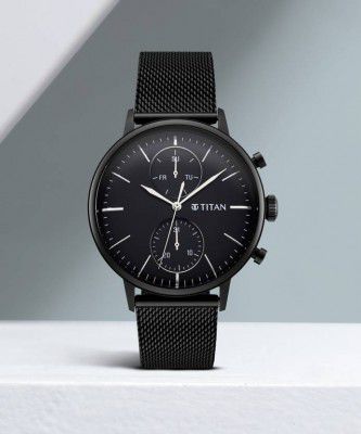 Titan Light Leathers Multifunction Black Dial Black SS Strap Analog Watch - For Men NR90135NM01