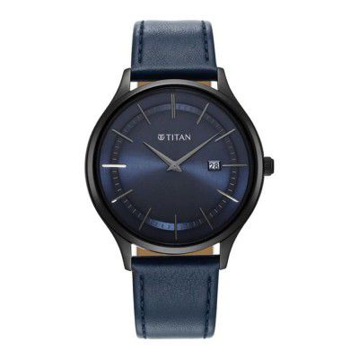 Titan Mens 40 mm Classique Slim Blue Dial Leather Analog Watch - NQ90142NL01