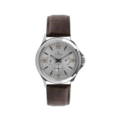 Titan Mens 9.9 mm NEO Steel Silver White Dial Leather Analogue Watch - NM1698SL01