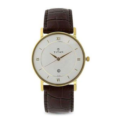 Titan Mens White Dial Leather Analogue Watch - NK9162YL01