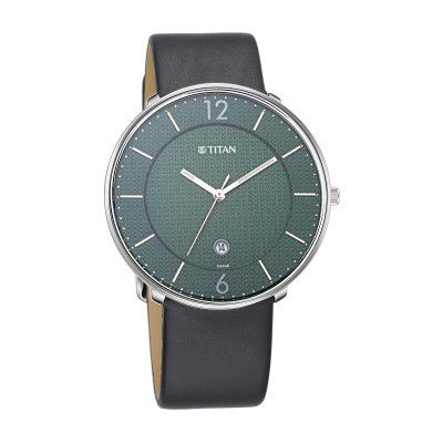 Titan Minimals Green Dial Analog with Date Leather Strap watch for Men-NS1849SL02
