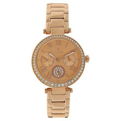 Titan Quartz Analog Rose Gold Dial Stainless Steel Strap Watch for Women-NS95023WM01