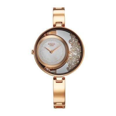 Titan Raga Power Pearls Quartz Analog White Dial Rose Gold Metal Strap Watch for Women - NT95224WM01F