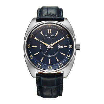 Titan Tonneau Analog with Date and Blue Dial Blue Leather Strap Watch for Men - 90211SL01