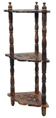 Titzone Antique Wooden Polished Hand Carved Floral Design Mini Side Table/Rack and Shelf Corner Rack (Brown)