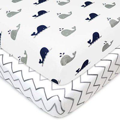 TL Care 2 Pack Printed 100% Natural Cotton Jersey Knit Fitted Pack N Play Playard Sheet, Navy Whale/Gray Zigzag, Soft Breathable, for Boys and Girls