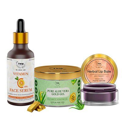 TNW-THE NATURAL WASH Vitamin C Face Serum/Skin Brightening Serum + Pure Aloe Vera Multipurpose Beauty Gel + Beetroot Lip Balm For Dry Damaged and Chapped Lips (Combo of 3 items)