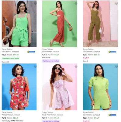 Upto 80% Off - Tokyo Talkies Jumpsuits And Dungarees | Start Rs.242