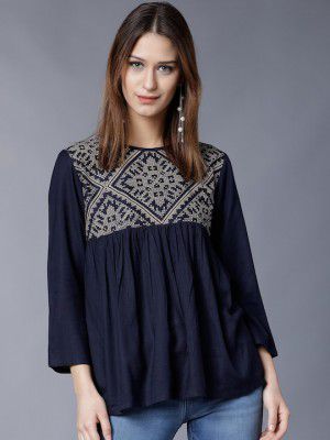 Tokyo Talkies Women Navy Blue Solid Top