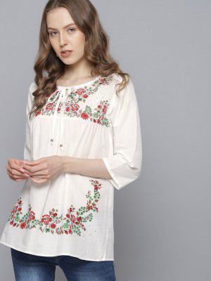 Tokyo Talkies Women Off-White Printed Pure Cotton Top
