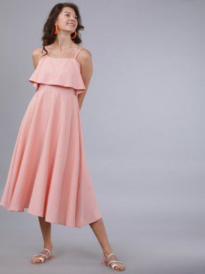 Tokyo Talkies Women Peach-Coloured Solid Fit and Flare Dress