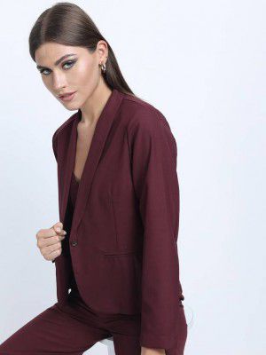 Tokyo Talkies  Women Solid Single Breasted Party Blazer  (Maroon)