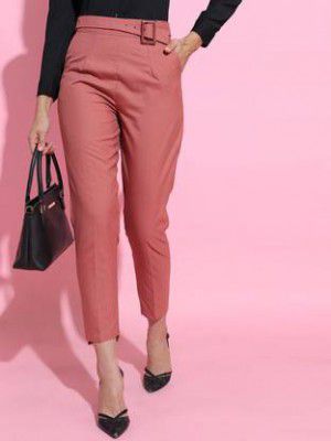 Tokyo Talkies  Women Tapered Pink Cotton Blend Trousers