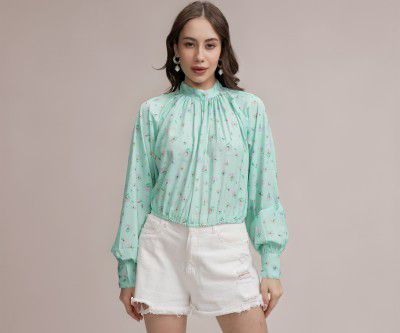 Tokyo Talkies Women's Floral Print Blouson Top | High Neck | Cuffed Sleeves 