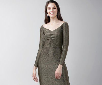 Tokyo Talkies Women's Long Sleeves Sweet Heart Neck Solid Dresses 