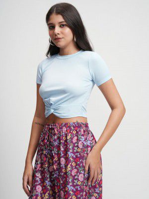 Tokyo Talkies Women's Round Neck Short Sleeves Front Twisted Crop Top 